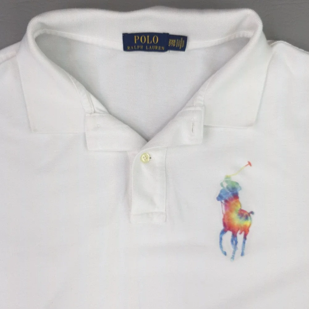Polo Ralph Lauren Polo Shirt Mens Big 2X White Rainbow Tie-dye Big Pony Knit